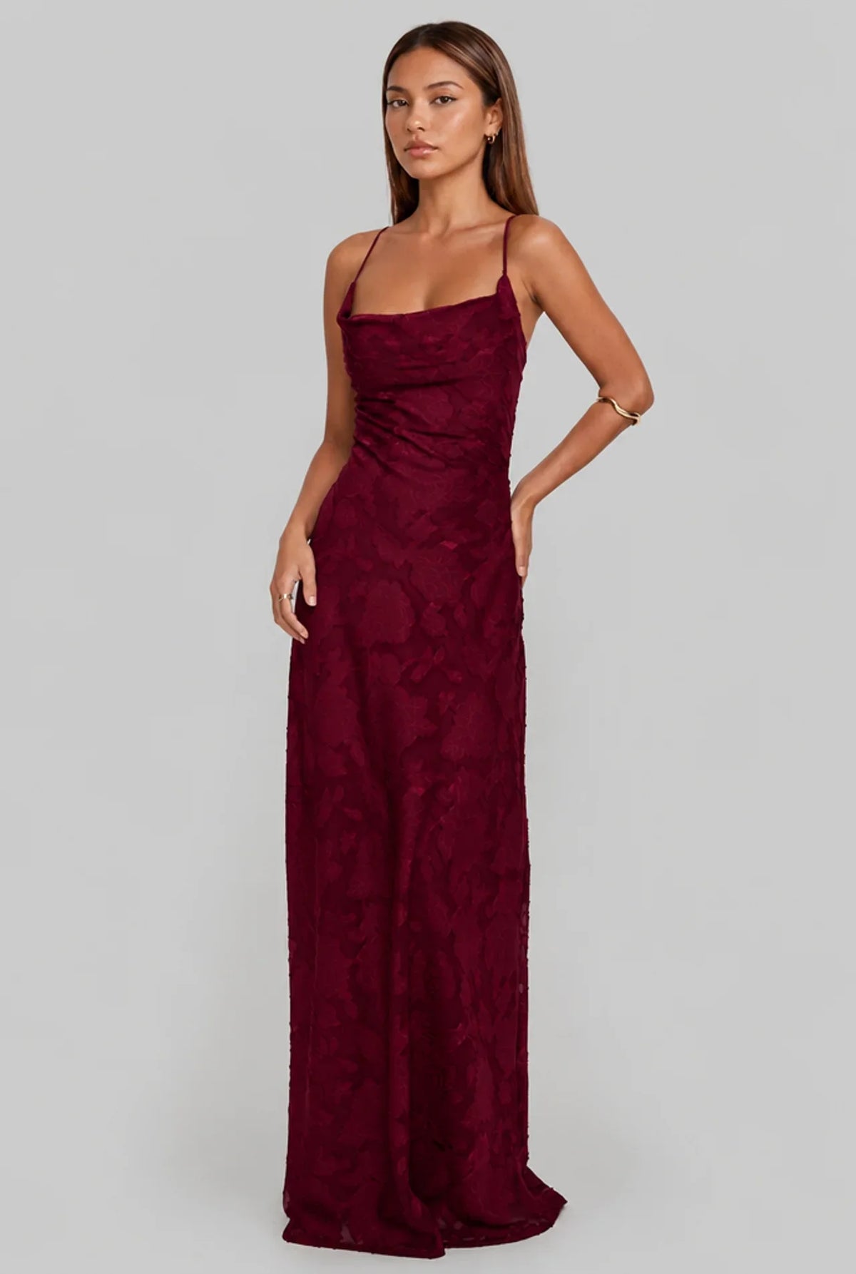 Floral Cowl Neck Lace Up Back Maxi Dress