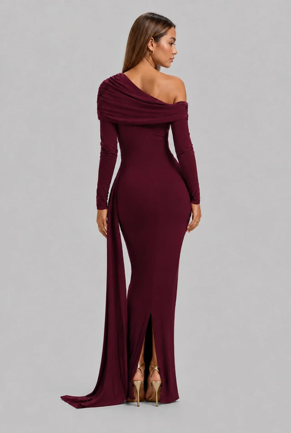 Off Shoulder Long Sleeve Draped Maxi Dress