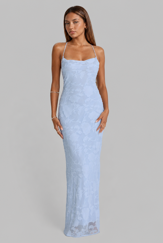 Floral Cowl Neck Lace Up Back Maxi Dress