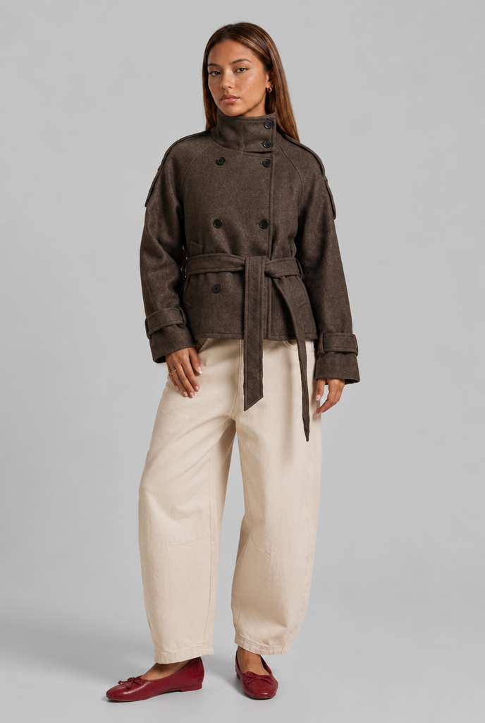 Wool-Look Cropped Trench Coat