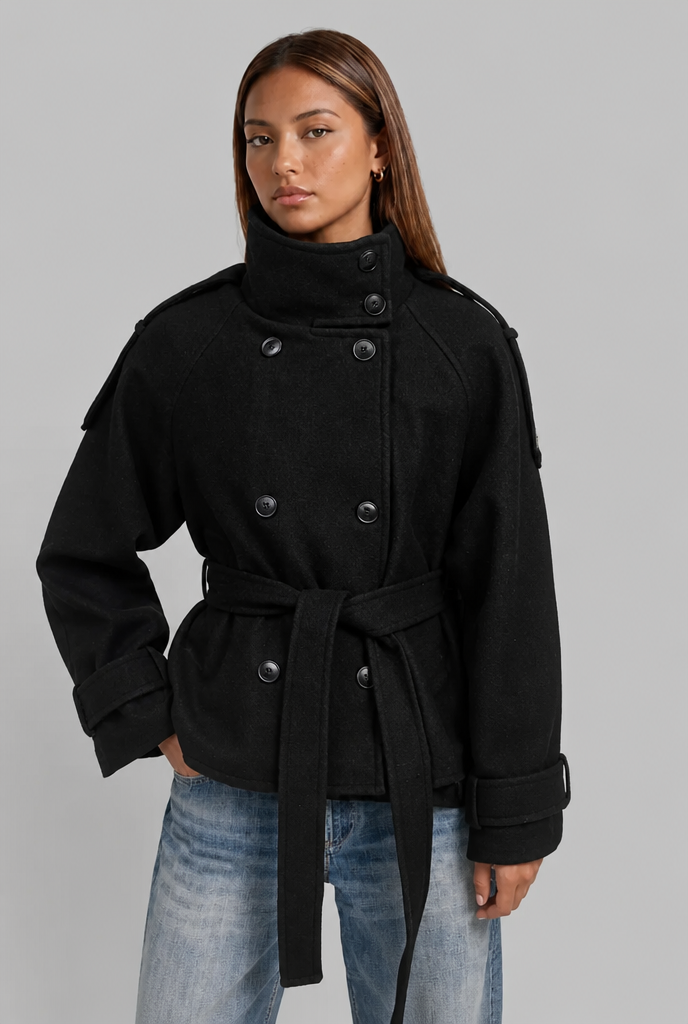 Wool-Look Cropped Trench Coat