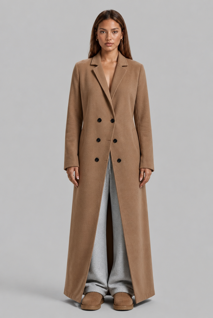 Longline Double-Breasted Wool-Look Coat
