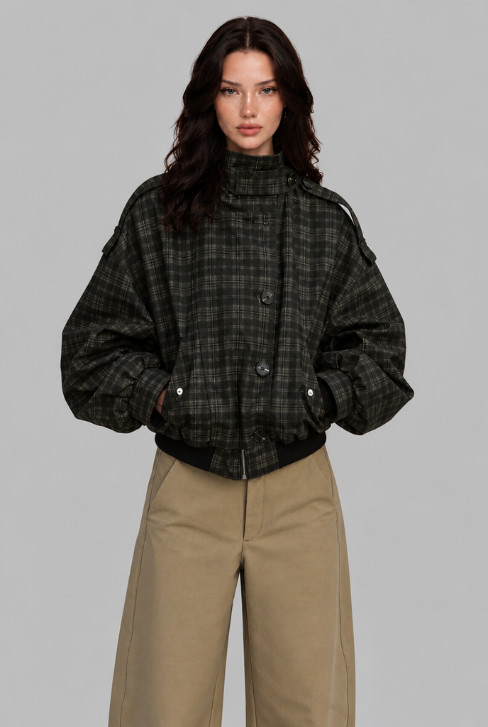 Check Bomber Jacket with Funnel Neck