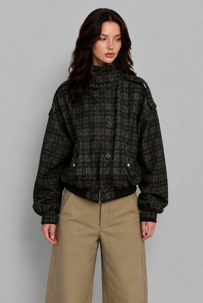 Check Bomber Jacket with Funnel Neck