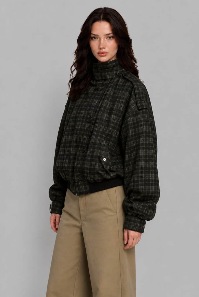Check Bomber Jacket with Funnel Neck