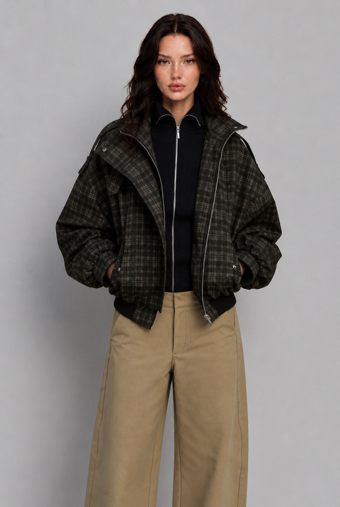 Check Bomber Jacket with Funnel Neck